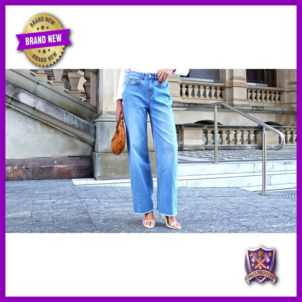 Wide Leg Jeans High Waisted Stretchy Baggy Raw Hem Denim Palazzo Pants Trendy - Picture 5 of 7